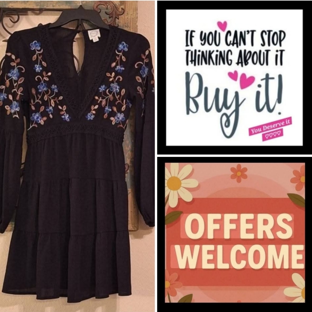 Blue Rain Black Dress with Blue Floral Details. NWOT Size XS